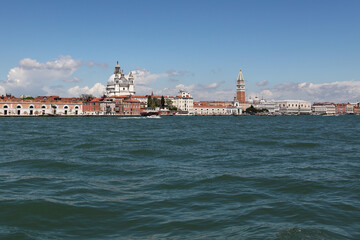 A view of Venice along the Grand Canal from the sea.