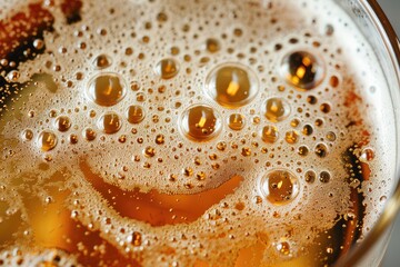 Beer Isolated Top View, Unfiltered Lager in Glass, Wheat Beer with Foam, Bubbles on Alcohol Drunk Mug Top