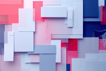 a wall with white rectangles and red and blue squares