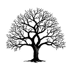 Black Tree Silhouette Isolated, Old Style Ink Drawing Icon, Tree Sketch, Woodcut or Engraving