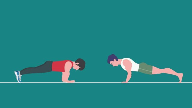 Woman and man exercise together pushups flat minimal background with copy space. Personal trainer or Couch with young fitness female training to keep it in shape and fit. 