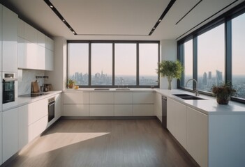 Modern kitchen with spacious island, sleek appliances, skyline view, elegant cabinets, light wood floors, breakfast bar