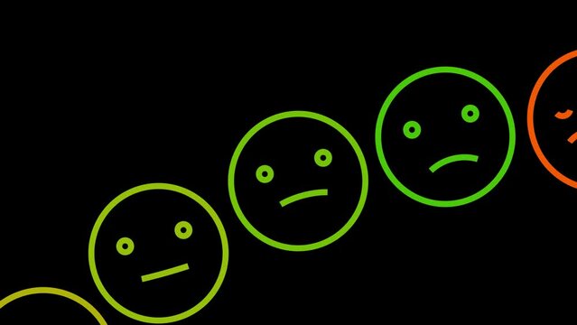 Different emojis Expression passing in black background in circle shape. Sad Happy , feedback rating, variable emoticons. Animation scaling sign 