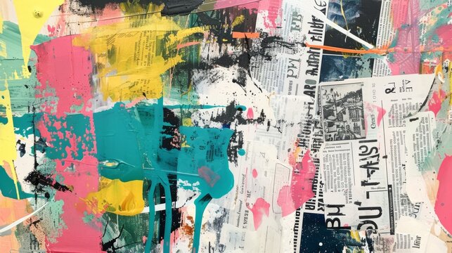 Creative Mixed Media Art Composition with Newspaper Clippings and Acrylic Paint Layers.