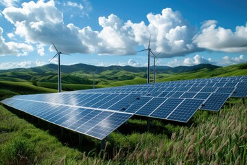 Urban Energy Hub: A cityscape featuring skyscrapers with integrated solar panels and wind turbines, harnessing clean energy for corporate buildings and offices in a sustainable urban environment