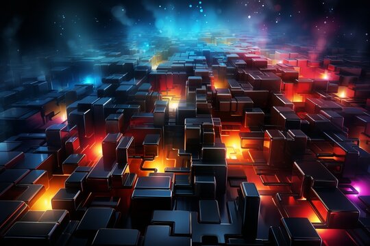 a computer generated image of a city with a lot of cubes and lights