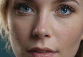 Close-up macro portrait of a female face. A woman with open blue eyes and daytime cosmetic makeup....