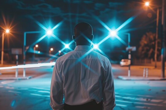 Photograph of a businessman standing at an intersection in the atmosphere of the night.