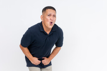 A middle aged man suffering from loose bowels and diarrhea. Isolated on a white background.