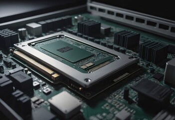 Modern CPU processor installed on a brand new motherboard, object detail, extreme closeup, nobody.