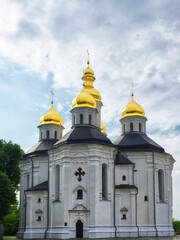 Fototapeta na wymiar The golden domes of Catherine's Church are a beacon of splendor against the backdrop of Ukrainian Baroque architecture, with its white facade and five resplendent domes.