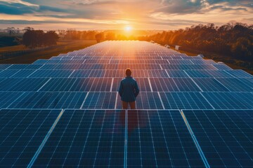 A vast solar landscape gleans under a blue sky, panels lining the road like a sustainable ribbon of power