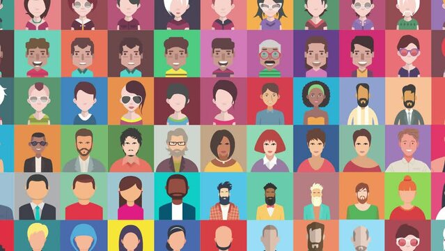 Avatar Collection Animation in Illustration Style. Multicultural People headshots and portraits collage in white background 