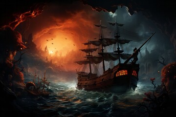 A pirate ship sails on the open sea under a cloudy sky - Powered by Adobe