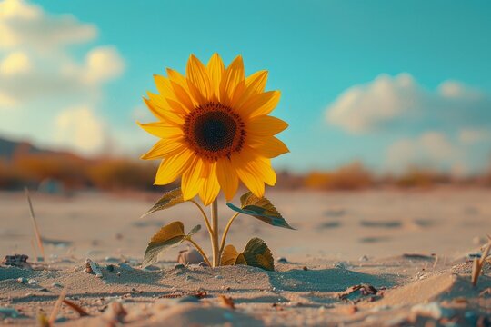 sunflower is growing in the middle of the desert. Surreal wonder of nature. Generative AI