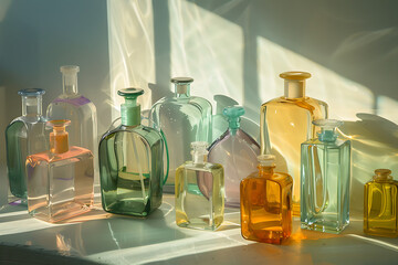 different cosmetic bottles are grouped by shape and c