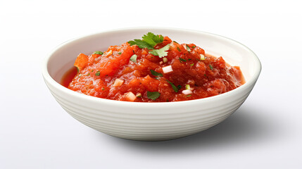 Front view of a bowl of mexican salsa sauce. Isolated on white background.	