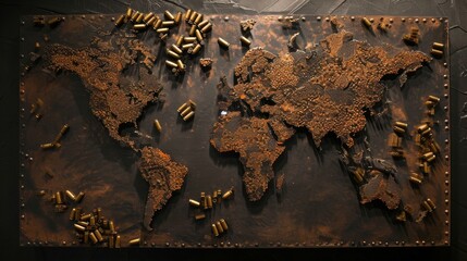World map made of rusty metal. All continents of the metal world
