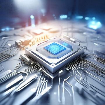 blau leuchtender Chip, CPU, GPU verbunden mit Leiterbahnen 