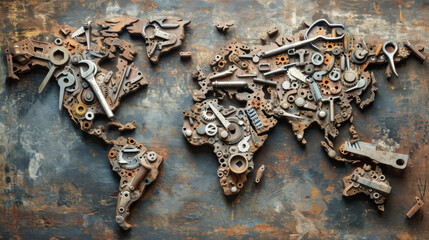 World map made of rusty tools. All continents of the metal world