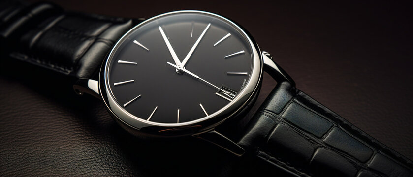 A timeless and sophisticated wristwatch displayed on a sleek black surface, exuding elegance and style.