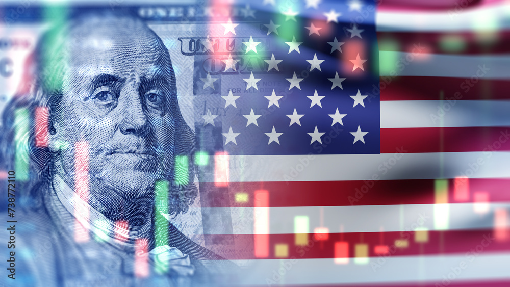 Poster economy united states. usa flag with financial chart. franklin portrait near symbol america. us fina