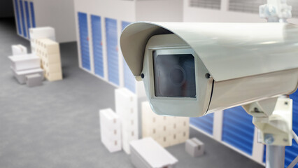 CCTV camera near storage units. Video surveillance system in warehouse. CCTV videocam providing...