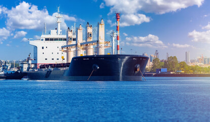 Ship for transporting bulk cargo. Sea trawler is moored in harbor. Cargo ship in sunny weather....