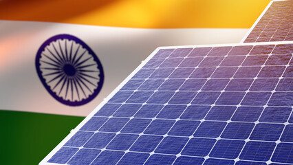 Solar panels with India flag. Generators for alternative energy. Solar panels close up. Power...