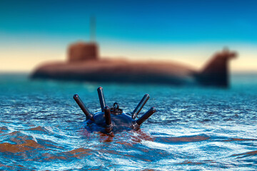 Sea mine near submarine. Ocean is mined to restrict shipping. Submarine sets up naval bombs....