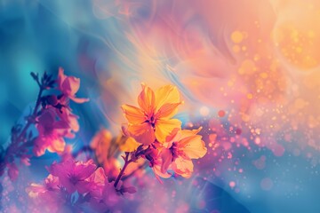 Obraz na płótnie Canvas Colors of may, abstract background with waves in blue, pink, orange and yellow huess, and with copyspace for your text. May background banner for special or awareness day, week or month