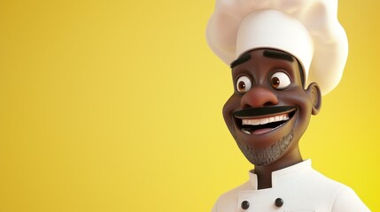 Personnage cartoon d'un chef cuisinier noir, souriant, sur fond jaune, image avec espace pour texte. - obrazy, fototapety, plakaty