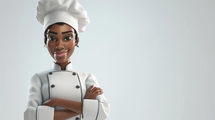 Personnage cartoon d'une femme noire chef cuisinier, sur fond blanc, image avec espace pour texte. - obrazy, fototapety, plakaty