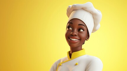 Personnage cartoon d'une femme noire chef cuisinier souriante, sur fond jaune, image avec espace pour texte.