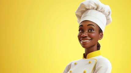 Personnage cartoon d'une femme noire chef cuisinier souriante, sur fond jaune, image avec espace pour texte.