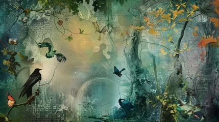 Zelfklevend Fotobehang Dreamy Enchanted Forest Landscape with Whimsical Illustrations. © AIScenes