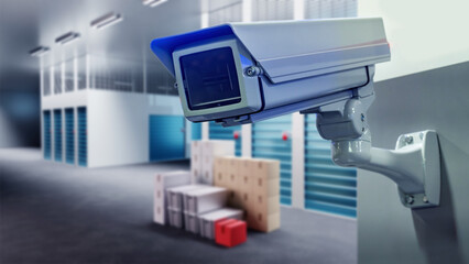 CCTV camera in warehouse. Video surveillance near storage rooms. CCTV equipment for enterprises....