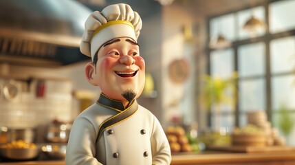 Personnage cartoon d'un chef cuisinier asiatique, cuisine en arrière-plan. - obrazy, fototapety, plakaty