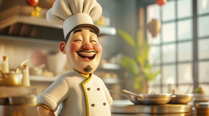Personnage cartoon d'un chef cuisinier asiatique, cuisine en arrière-plan. - obrazy, fototapety, plakaty