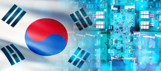 Digital board with south Korea flag. PCB for computer. Digital board close up. Flag of south Korea....