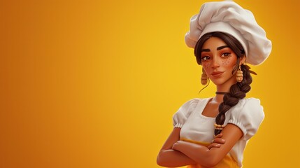 Personnage cartoon d'une femme chef cuisinier, sur fond orange, image avec espace pour texte. - obrazy, fototapety, plakaty