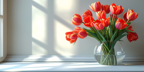 Tulips in a glass vase on flat plain studio background. Banner with lot of empty copy space.