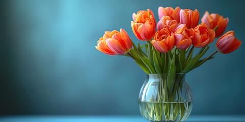 Tulips in a glass vase on flat plain studio background. Banner with lot of empty copy space. - obrazy, fototapety, plakaty