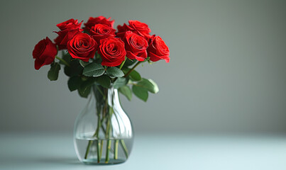 Red roses in a glass vase on flat plain studio background. Banner with lot of empty copy space. AI