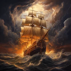 Foto auf Glas a byzantine old ship sailing through a storm, clouds, high waves, lightnings, ambience, 4K resolution, Byzantine hagiography technique, orthodox painting style, church paintings style © gabriele