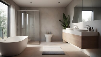 Contemporary cozy interior design modern bathroom with window and sunlight
