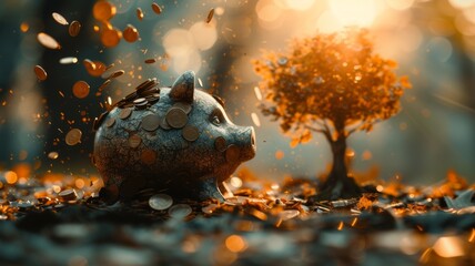 A close-up of a shattered piggy bank with coins and fragments scattered around, symbolizing the release of saved wealth for investment. - obrazy, fototapety, plakaty