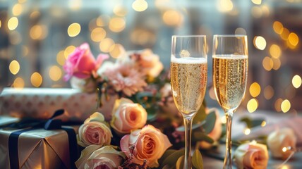 two champagne glasses clinking together in celebration of an anniversary, with a beautiful bouquet of flowers and an elegantly wrapped gift in the background.
