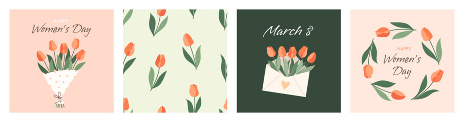 Cards for March 8, Women's Day. Vector illustrations with tulips - obrazy, fototapety, plakaty