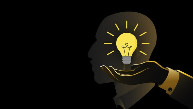 Brain Illumination Concept with man Hand Gently holding The Glowing Light Bulb Over other Man's Head in Dark background. Creative Idea of bright Imagination 
